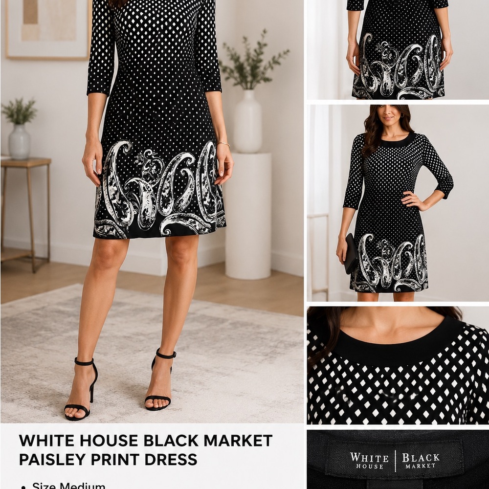 White House Black Market Black & White Paisley Dress Size M